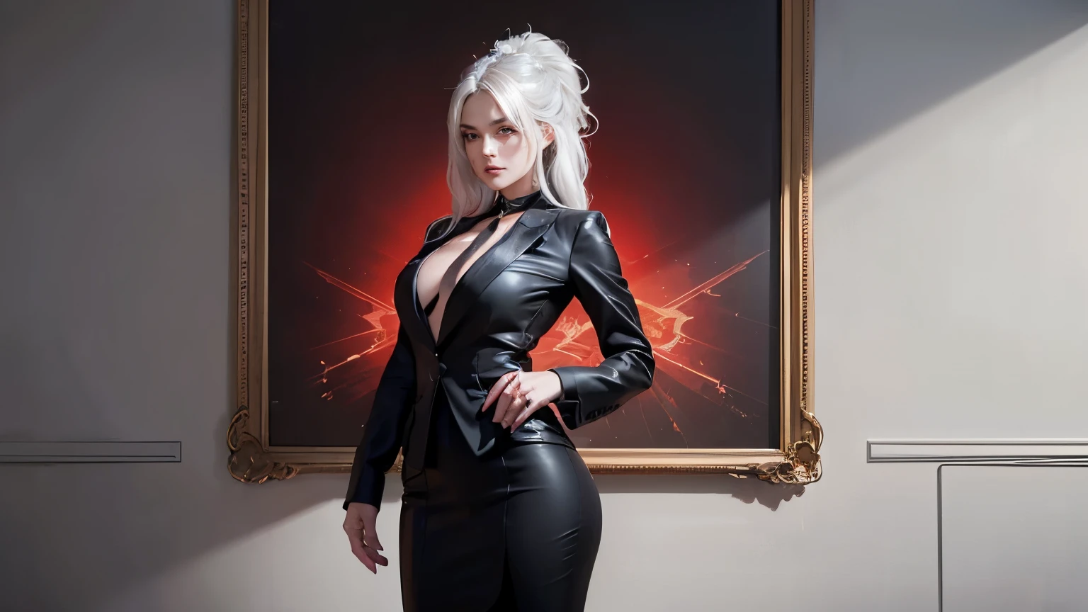 In a masterful display of artistic prowess, Lucifer from Helltaker emerges as the focal point of a hyper-realistic 8K human portrait. Clad in a formal suit featuring a striking red shirt, black pants, and a matching black necktie, she commands attention with her serene expression and captivating smile, her gaze fixed directly upon the viewer. The oval-shaped contours of her face, adorned with high cheekbones and a refined nose, exude an aura of elegance and sophistication. Her eyes, almond-shaped and bewitching, mesmerize with their striking red crimson irises, framed by gracefully arched eyebrows and thick, voluminous lashes that curl upwards. Luxuriant waves of light-white hair cascade around her, catching the light in subtle platinum highlights, while her smooth, porcelain-like skin radiates a subtle glow, suggesting vitality and allure, an elegant mix of botanical and geometric patterns that enhance her already captivating presence. Her attire, a black dress accentuated by a matching choker around her neck, serves to underscore her beauty and sophistication. Standing tall and confident, Lucifer possesses very large bosoms, fitting into an I-sized cup, which accentuate her figure and add to her allure. Rendered with meticulous attention to detail and realism, this portrait captures every nuance of Lucifer's appearance, from the delicate contours of her face to the subtle textures of her clothing and skin. Set against a deep matte black background, she stands as a timeless symbol of beauty and allure, her dynamic pose and perfect anatomy drawing the viewer into her world. This high-resolution masterpiece transcends mere artistry, offering a glimpse into the depths of Lucifer's character and personality. With its cinematic composition and meticulous attention to detail, it stands as a testament to the artist's skill and vision, a true masterpiece in every sense of the world. full body