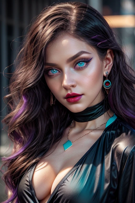 beautiful young girl with wavy purple hair, waist-high body view, black necklace around the neck, ((light bright turquoise eyes)), Artgerm, Стэнли Artgerm Лау, a digital painting of an, digital art, (black V-neck top), ((blue shirt)), ((((I look at the viewer)))), ((pale red lips)), (pale skin), Heavy black makeup, black eyeliner and eye shadow, high volume hair, (cute face), photo realistic, masterpiece, 1 girl, Best quality, portrait, 8K, Hyper-realistic lighting,