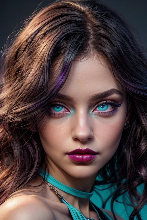 beautiful young girl with wavy purple hair, waist-high body view, black necklace around the neck, ((light bright turquoise eyes)), Artgerm, Стэнли Artgerm Лау, a digital painting of an, digital art, (black V-neck top), ((blue shirt)), ((((I look at the viewer)))), ((pale red lips)), (pale skin), Heavy black makeup, black eyeliner and eye shadow, high volume hair, (cute face), photo realistic, masterpiece, 1 girl, Best quality, portrait, 8K, Hyper-realistic lighting,