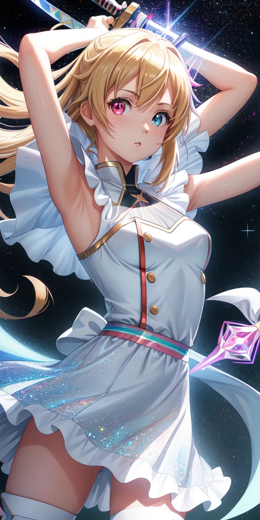 realista, 1 chica, asuna ,anime sword art online ,Holographic hair, heterochromic eyes, Ojos brillantes, holographic dress top, holographic skirt, labios partidos, rubor, noche, rosas blancas, pasteles, Brillantina