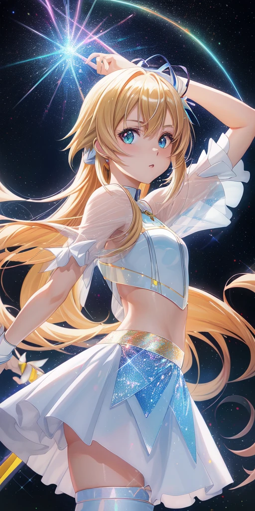 realista, 1 chica, asuna ,anime sword art online ,Holographic hair, heterochromic eyes, Ojos brillantes, holographic dress top, holographic skirt, labios partidos, rubor, noche, rosas blancas, pasteles, Brillantina