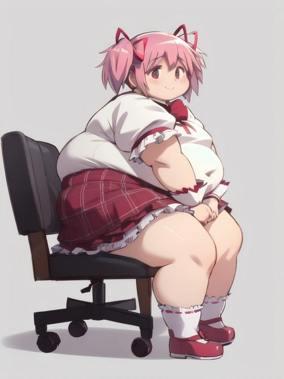 (best quality, masterpiece:1.2), ultra detailed face, obese 1girl,  obese kaname madoka, pink hair, short twintails, small breasts, embarrassed, obese ,
simple background, cute, shy, smile
madoka outfit,
red shoes, globe, socks, layered skirt, frilled skirt, 
sitting, from side, hands on floor,