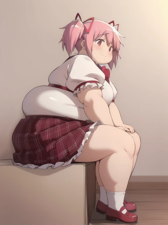 (best quality, masterpiece:1.2), ultra detailed face, obese 1girl, obese kaname madoka, pink hair, short twintails, small breasts, embarrassed, obese ,
simple background, cute, shy, smile
madoka outfit,
red shoes, globe, socks, layered skirt, frilled skirt,
sitting, from side, hands on floor,