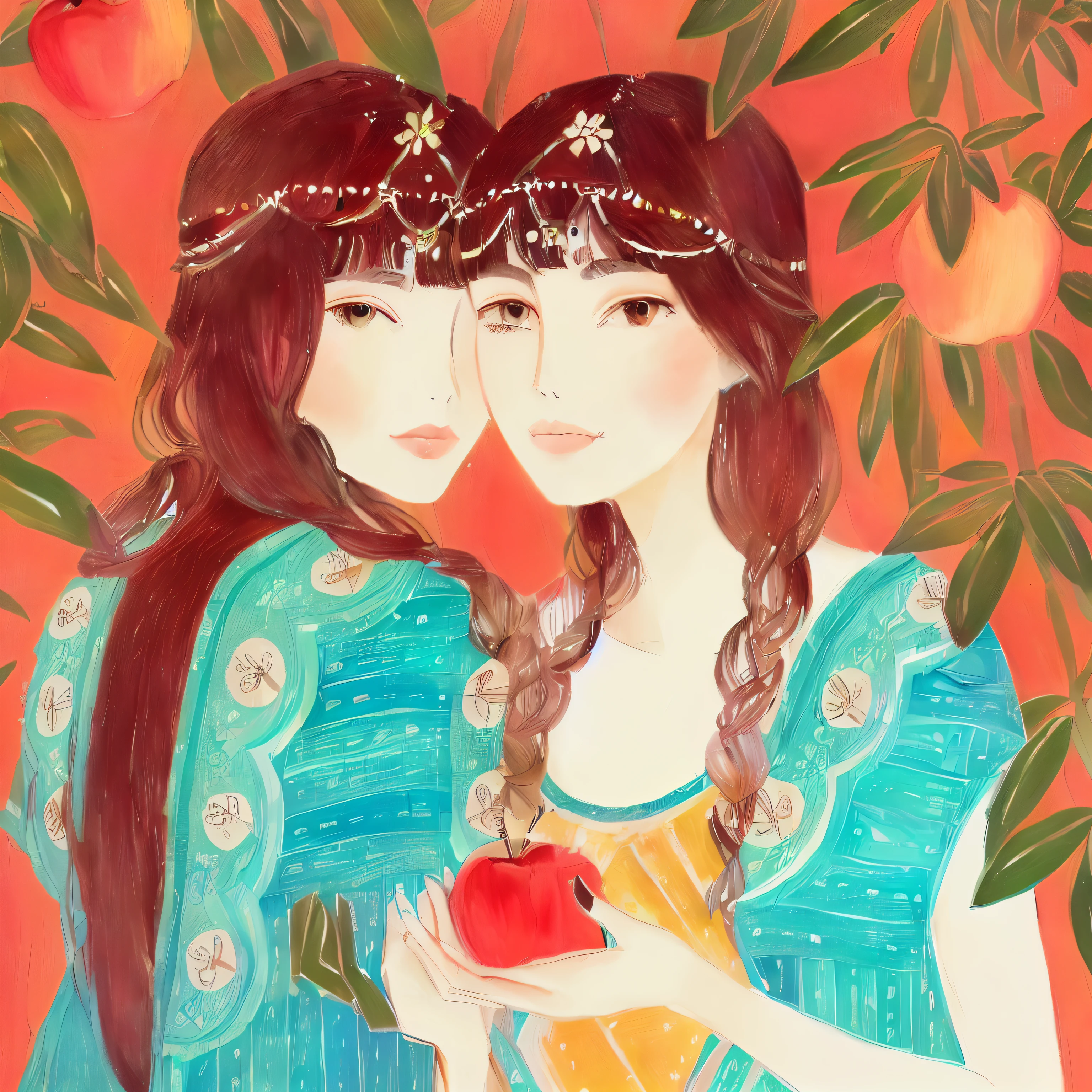 there are two women holding an apple in their hands, beautiful gemini twins portrait, by Yuko Tatsushima, by Keren Katz, by Ayako Rokkaku, beautiful gemini twins, by Nakahara Nantenbō, illustration”, by Barbara Nessim, illustration!, by Kiyohara Tama, by Neysa McMein