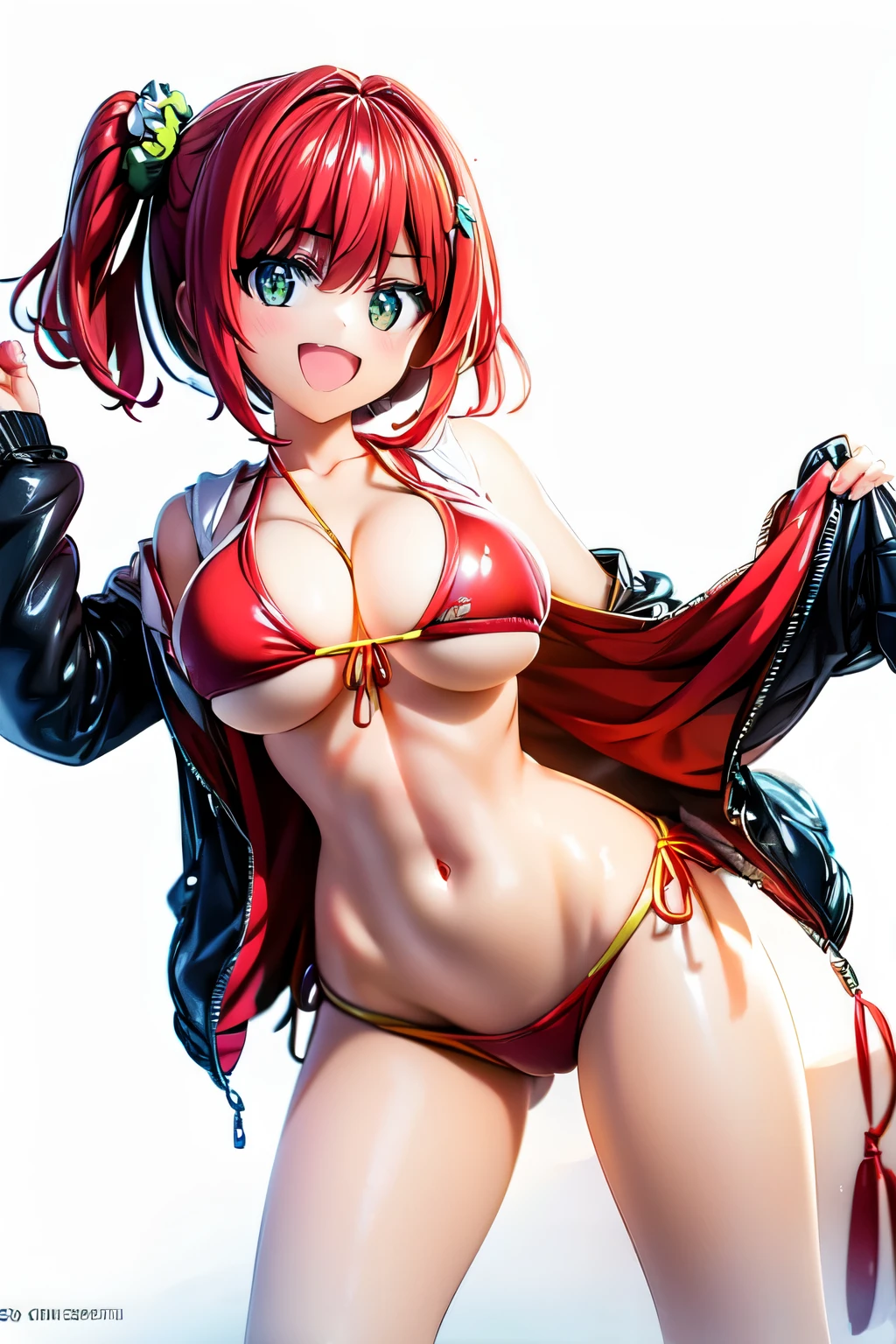 best quality, masterpiece, extremely detailed CG, official art , professional lighting, detailed background, sakimiyairuka, red hair, green eyes,(one side up), medium hair, side ponytail, green scrunchie, hair ornament, gleaming skin, smile, big breasts, big ass, micro bikini, pussy line, collar, beach, jumping, bouncing breasts, motion lines on chest, motion blur on chest