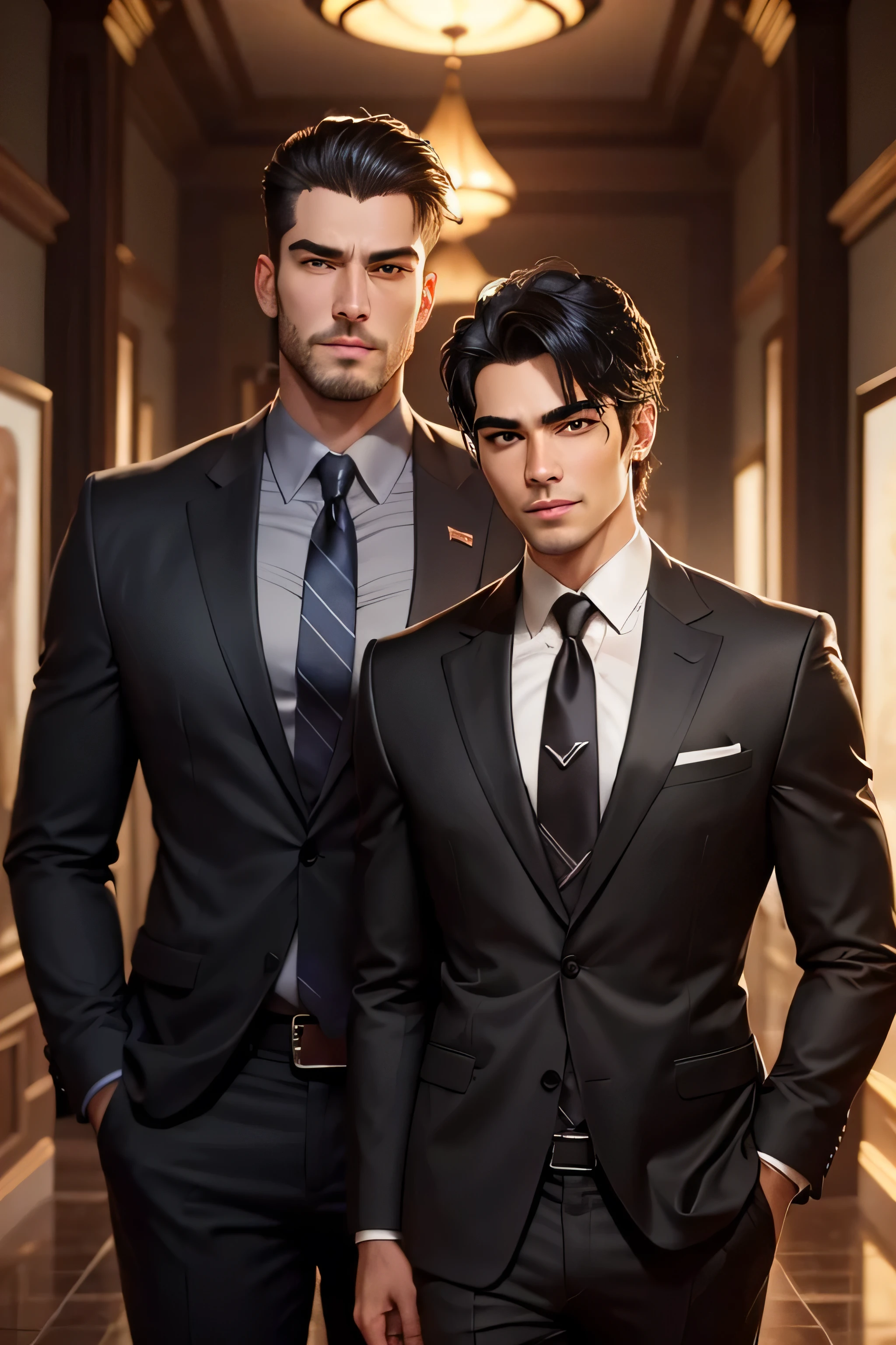 masterpiece, best quality, realistic, 2 man, male focus, mature, tall muscular, handsome, [thick eyebrows:0.5], smile, suit, portrait, extremely detailed face, (black hair), (very short hair:1.3, forehead), (suit:1.3), sunset sky, dusk, divorces