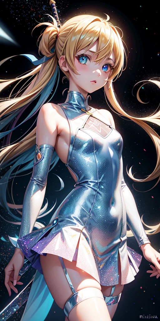 realista, 1 chica, asuna ,anime sword art online ,Holographic hair, heterochromic eyes, Ojos brillantes, holographic dress top, holographic skirt, labios partidos, rubor, noche, rosas blancas, pasteles, Brillantina