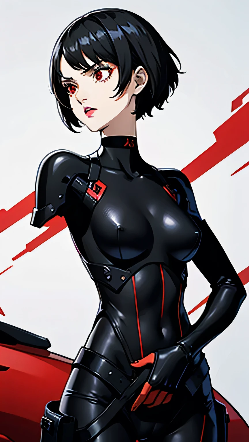 1 girl, Red eyes, very Short hair, black choker, lipstick, half body, angry face, black hair, small breast, battle suit,