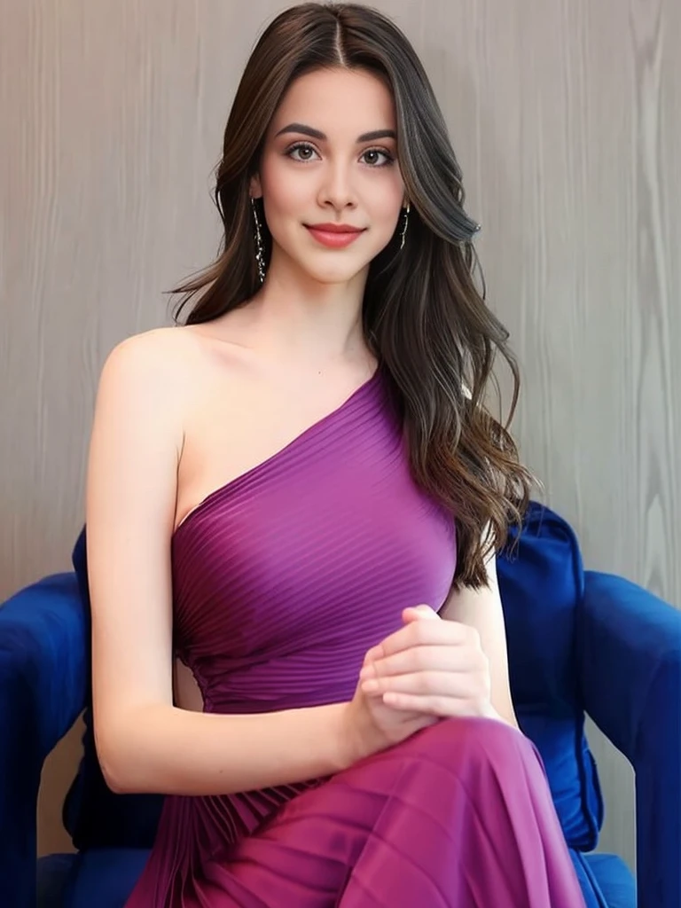 a close up of a woman in a purple dress sitting on a blue chair, Portrait of Sophie Mudd, Cindy Avelino, แต่งกายด้วยpurple dress, Anna Nikonova aka New Milky, Anastasia Ovchinnikova, purple dress, Female model, 2 4 years old, Violet Myers, Kacey Rohl is so beautiful., purple top, Portrait of Megara