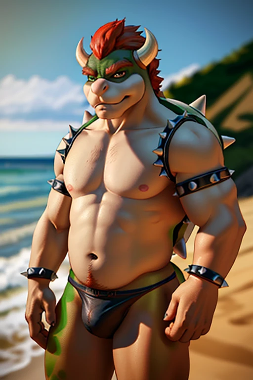 Detailed and realistic HD photography of (Bowser) Vistiendo una (Tanga Blanca) en la playa, de pie, mirando al Horizonte, solo, retrato de cuerpo entero, antecedentes detallados, gran trasero, por mancha