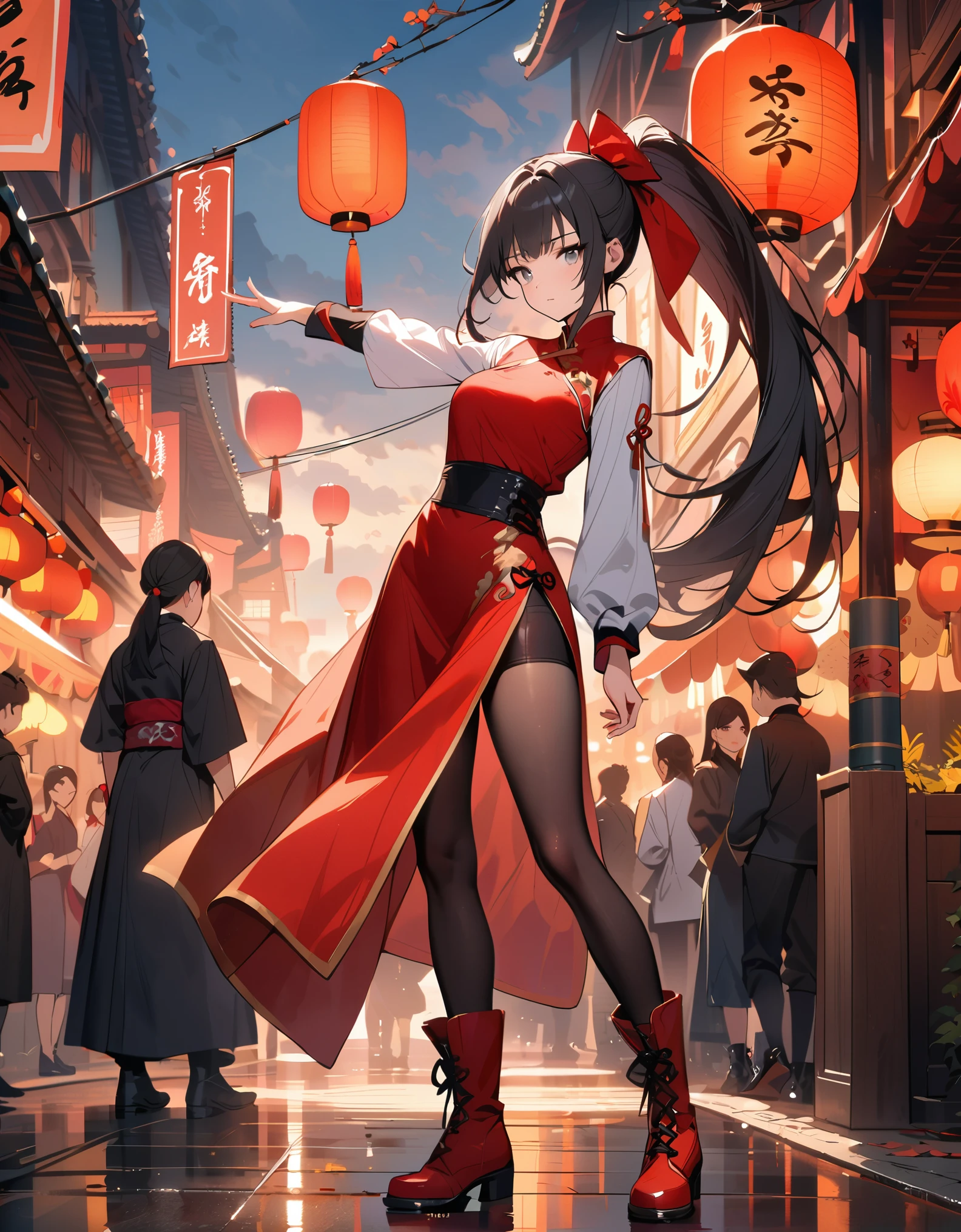 best quality, masterpiece, highres, wuxia, 1girl, solo, solo focus, (black hair, long hair, ponytail), grey eyes, red china dress, red bow, black biker shorts, beautiful detailed eyes, beautiful detailed face, cute face, super gorgeous hair, kung-fu fight, boots, full body with costume, full body shot, chinatown street backdrop