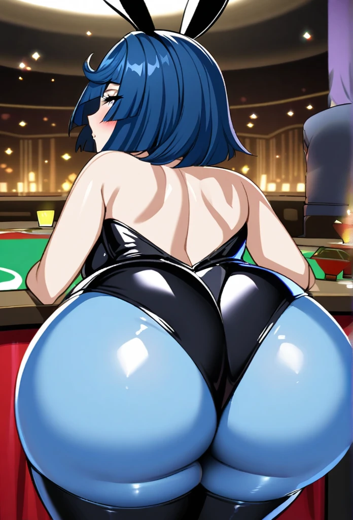 Goth anime girl Yelan (genshin impact) busty with thick thighs and big fat ass bigger than head and body with black and blue hair, in a casino party in playboy bunny suit zoomed in on ass