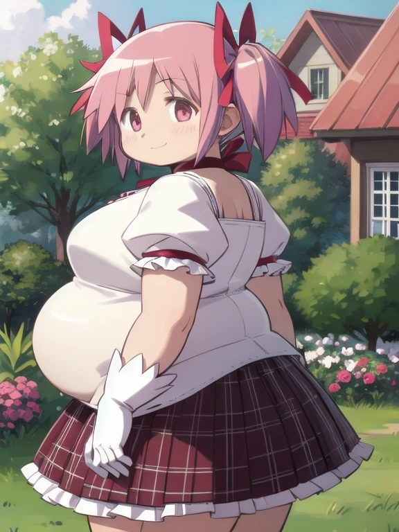 1girl, solo, masterpiece, best quality,
gloves, mahou shoujo madoka magica, obese kaname madoka, fat madoka kaname, pink eyes, tareme, pink hair, fat belly, fat arms, thick thighs, big , obese , chonky, short hair, twintails, short twintails, hair ribbon, red ribbon, magical girl, choker, ribbon choker, soul gem, collarbone, short sleeves, puffeeves, puffy shsleeves, center frills, white gloves, backless outfit, shoulder blades, medium breasts, bubrt, bow skirt,
cowboy shot, twisted torso, looking back,
blush, seductive smile,
outdoors, garden
