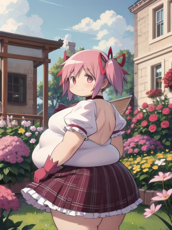 1girl, solo, masterpiece, best quality,
gloves, mahou shoujo madoka magica, obese kaname madoka, fat madoka kaname, pink eyes, tareme, pink hair, fat belly, fat arms, thick thighs, big butt, obese , chonky, short hair, twintails, short twintails, hair ribbon, red ribbon, magical girl, choker, ribbon choker, soul gem, collarbone, short sleeves, puffy sleeves, puffy short sleeves, center frills, white gloves, backless outfit, shoulder blades, medium breasts, bubble skirt, bow skirt,
cowboy shot, twisted torso, looking back,
blush, seductive smile,
outdoors, garden