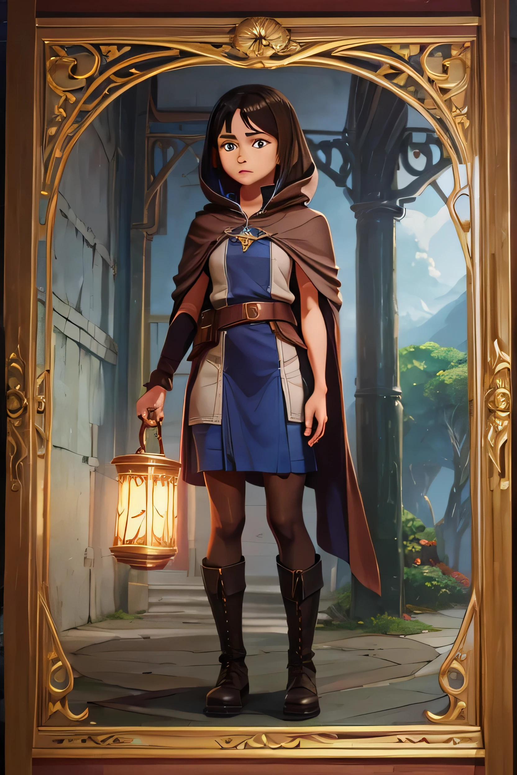 A beautiful witch in the style of Studio Ghibli, 1.55 tall, 16 years old, with medium-length black hair, light brown eyes, fair skin, wearing a knee-length transparent blue dress, black stockings and dark brown boots, a black shin-length cloak, a light brown belt, a light brown handbag and a magic wand made of lizard choir. Iamge 8k