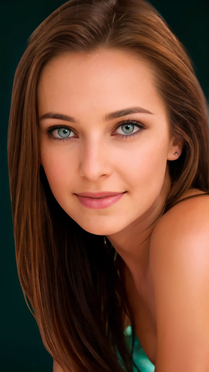 Kat, (masterpiece, 8K, high resolution, realistic:1.2), naturally beautiful, (shoulder length brown highlighted hair:1.1), (piercing and natural aqua green/ grey eyes:0.9), dynamic angle portrait, facing the viewer, (soft lighting, minimalist background:1.1), (capturing Kat's beautiful eyes and captivating features with precision:1.1), (perfect facial proportions:1.2)