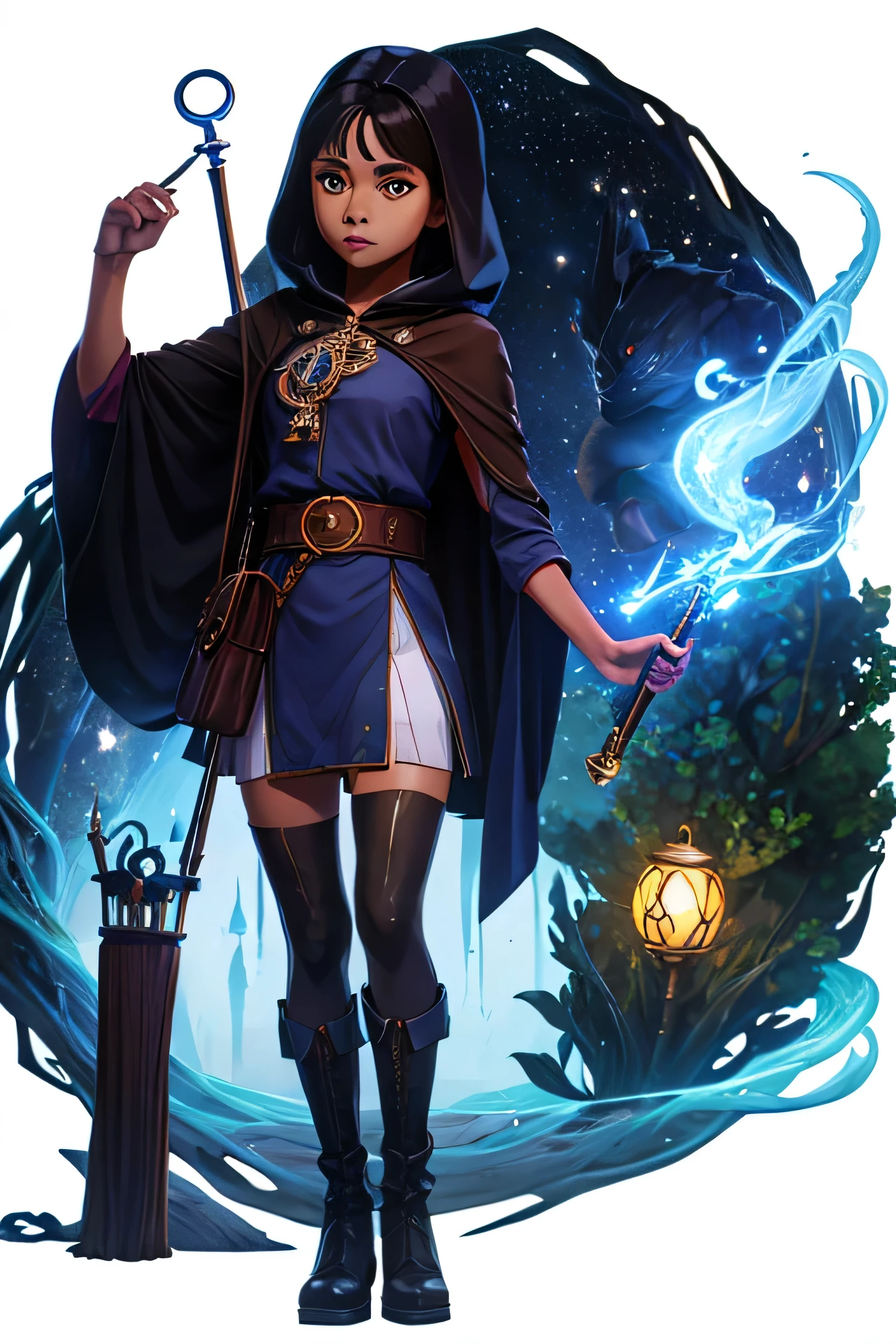 A beautiful witch in the style of Studio Ghibli, 1.55 tall, , with medium-length black hair, light brown eyes, fair skin, wearing a knee-length transparent blue dress, black stockings and dark brown boots, a black shin-length cloak, a light brown belt, a light brown handbag and a magic wand made of lizard choir. Iamge 8k