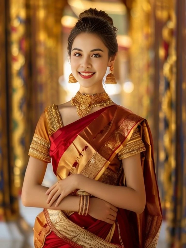 A woman in a red and gold sari poses for a photo., traditional beauty, Sukhothai set, Southeast Asia that has existed for a long time, traditional clothing, traditional clothes, Wear gold jewelry, Wear elegant clothes, Wear a luxurious silk dress., gold and red, Wear luxurious clothes, traditional, traditional dress, Wear a sari, wearing traditional garb, Wear beautiful clothes.