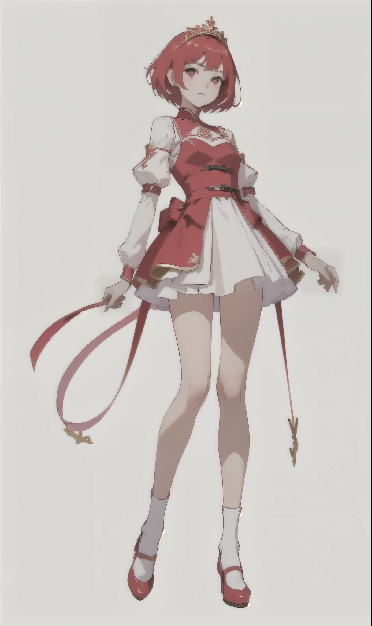 A young princess alone, red short hair, pink eyes, slim build, wine red outfit with white and gold details, short dress, red shorts under the dress, golden shoes,
long white socks, full body, concept art character, cartoon style, beautiful and bright colors, white background