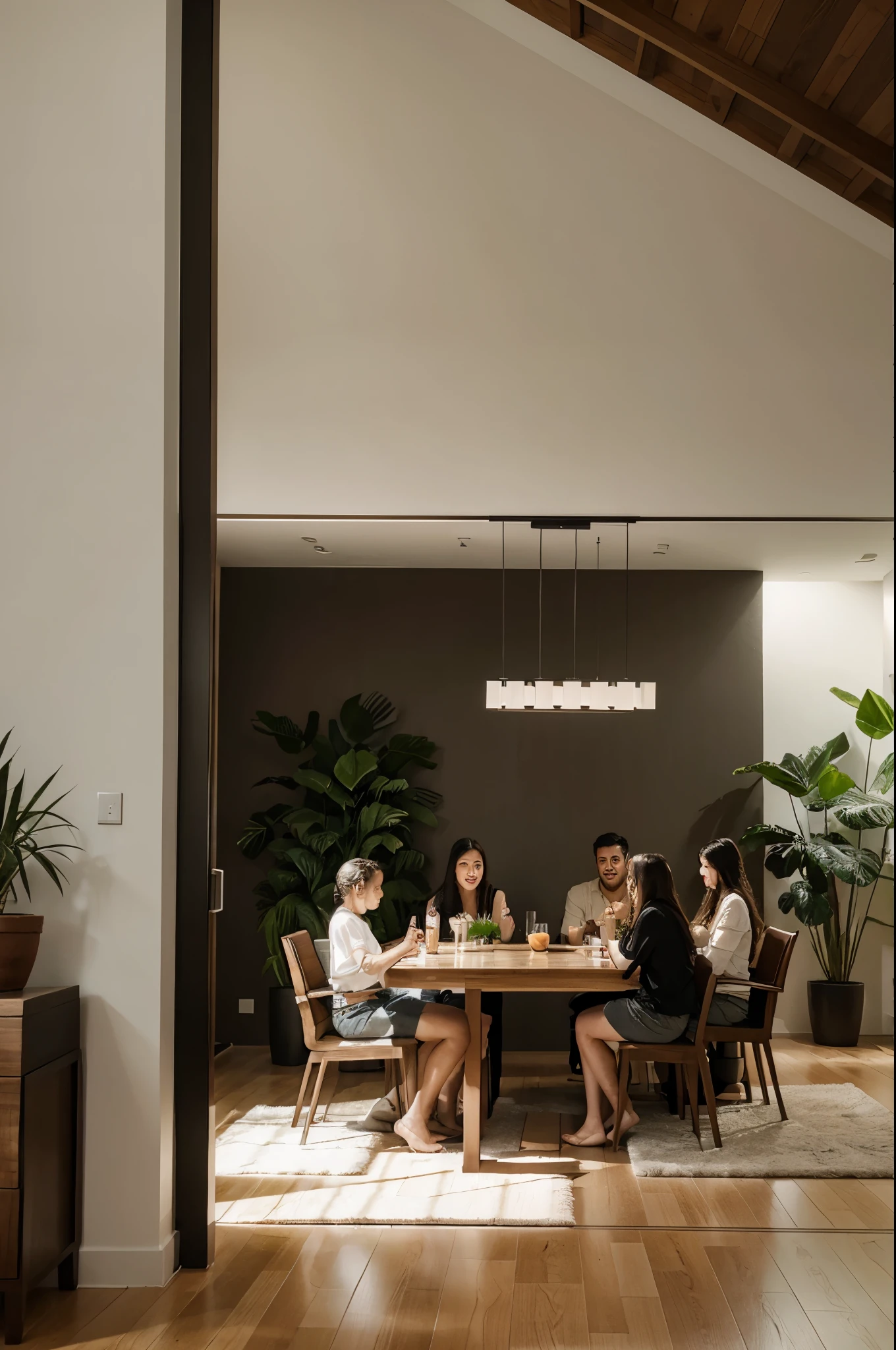 family eating in a modern house with plants with sunlight and technology