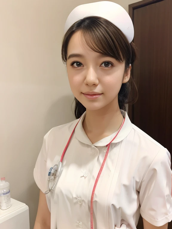 1 girl,(Wearing white nurse clothes:1.2),(RAW Photos, highest quality), (Realistic, photo-Realistic:1.4), masterpiece, Very delicate and beautiful, Very detailed, 2k wallpaper, wonderful, finely, Very detailed CG unity 8k wallpaper, Very detailed, High resolution, Soft Light, Beautiful detailed girl, Very detailed eyes and face, Beautiful and detailed nose, finely beautiful eyes, Perfect Anatomy, Black Hair, Upstyle, nurse uniform, ((nurse cap)), Long skirt, nurse, White costume, thin, hospital, clear, White Uniform, hospital room, Neck auscultation, ((Upper Body))