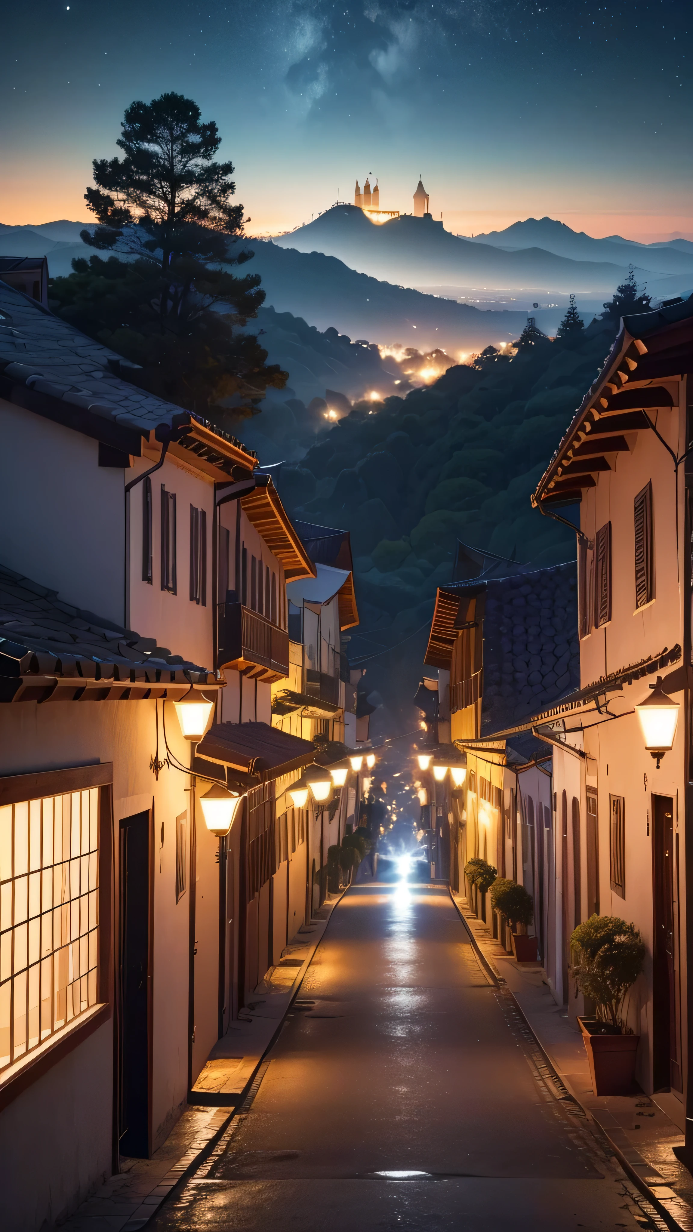 (8K resolution, mais alta qualidade, super detalhado, elegante, tree details, Detalhes do rio, vales ondulados, (Distant view), floresta, dreamy night sky, Luzes, casas de madeira, folhas exuberantes, Luzes de la ciudad, Montanhas distantes, Belos efeitos de luz de volume ), Wide angle, (8k), (4K), (Obra-prima), (A melhor qualidade),