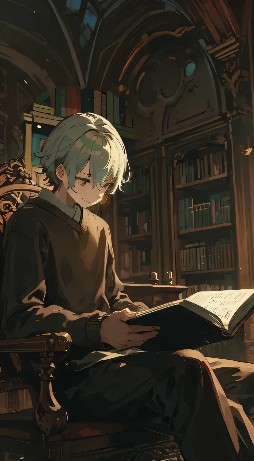 (((Japanese anime))),high quality, amount of drawing, pixiv illustration, A scene depicting a handsome young man engrossed in a book at a quiet reading area in an old library. He is seated on a wooden chair with armrests, holding a classic literary work in his hands. ((Gray-colored hair)) The young man turns the pages with an intellectual gaze,(smile), his face illuminated by the soft light of a reading lamp. He is dressed elegantly, wearing a ((dark-green-colored)) sweater and slacks. In the background, there are high ceilings and old wooden bookshelves, neatly lined with various books. The room is tranquil, with only the sound of pages turning occasionally. This scene represents a thirst for knowledge and the beauty of a serene environment