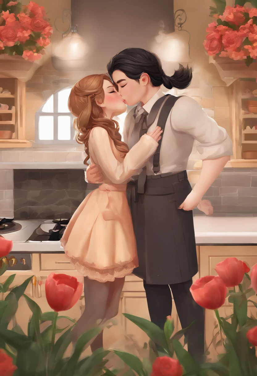 I'm cute with long braids, kissing in front of the stove, in a skirt, holding a huge flower (covering one eye: 1,3), 3D rendering, plain background, Specifically, chibi anime style, surrealism, cartoon style, Close-up, Super Detail , anatomically correct, masterpiece, fantasy.