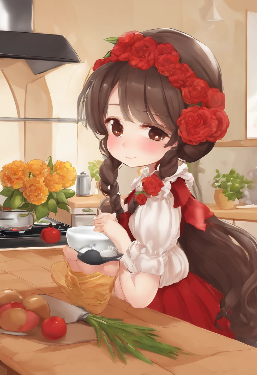 I&#39;m cute with long braids, kissing in front of the stove, in a skirt, holding a huge flower (covering one eye: 1,3), 3D rendering, plain background, Specifically, chibi anime style, surrealism, cartoon style, Close-up, Super Detail , anatomically correct, masterpiece, fantasy.