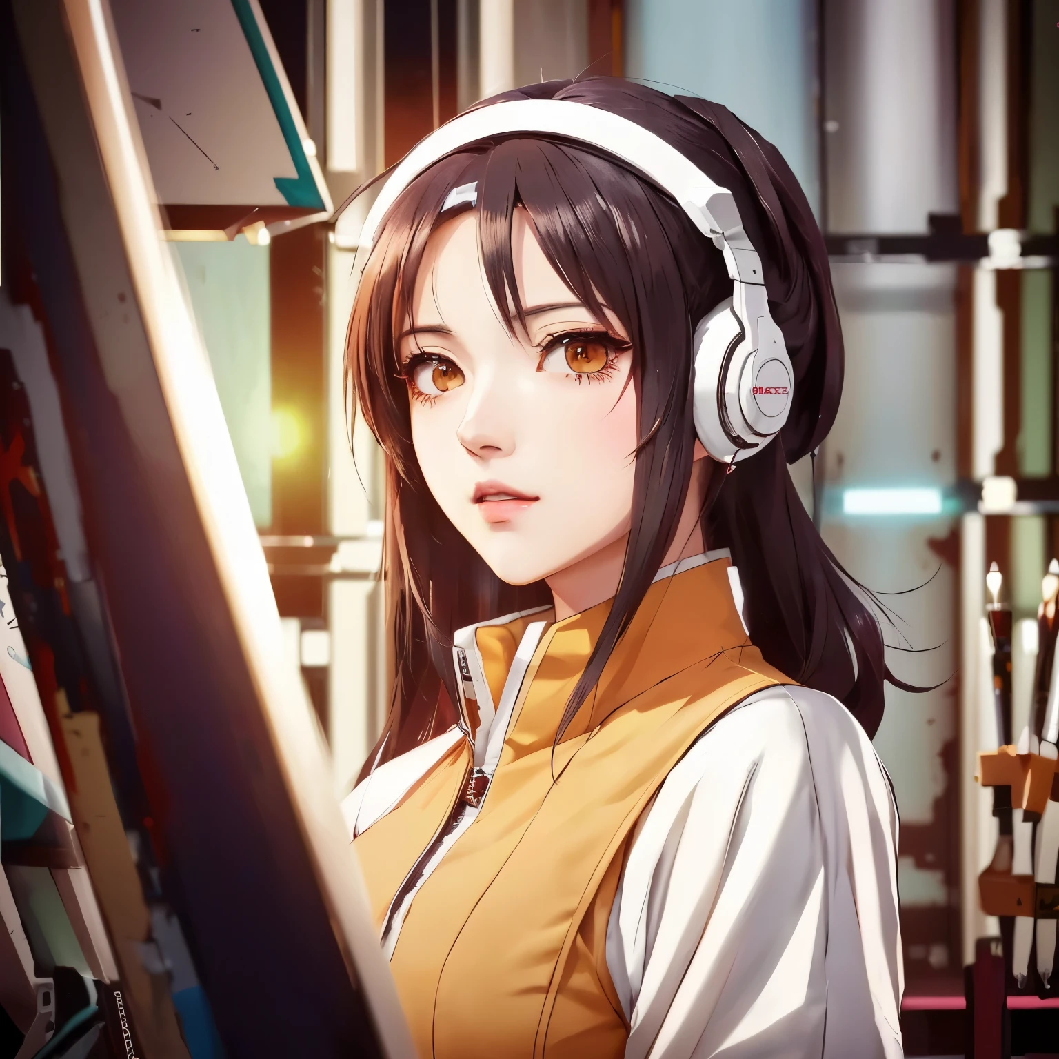 garota de anime com fones de ouvido e um colete em frente a um rack, Kantai Collection Style, estilo de arte anime moe, retrato de lofi, estilo anime 4 k, makoto shinka, arte oficial, anime digital illustration, painted in anime painter studio, estilo de arte de anime de alta qualidade, VA-11 Hall-A, estilo anime. 8k, ig studios estilo anime