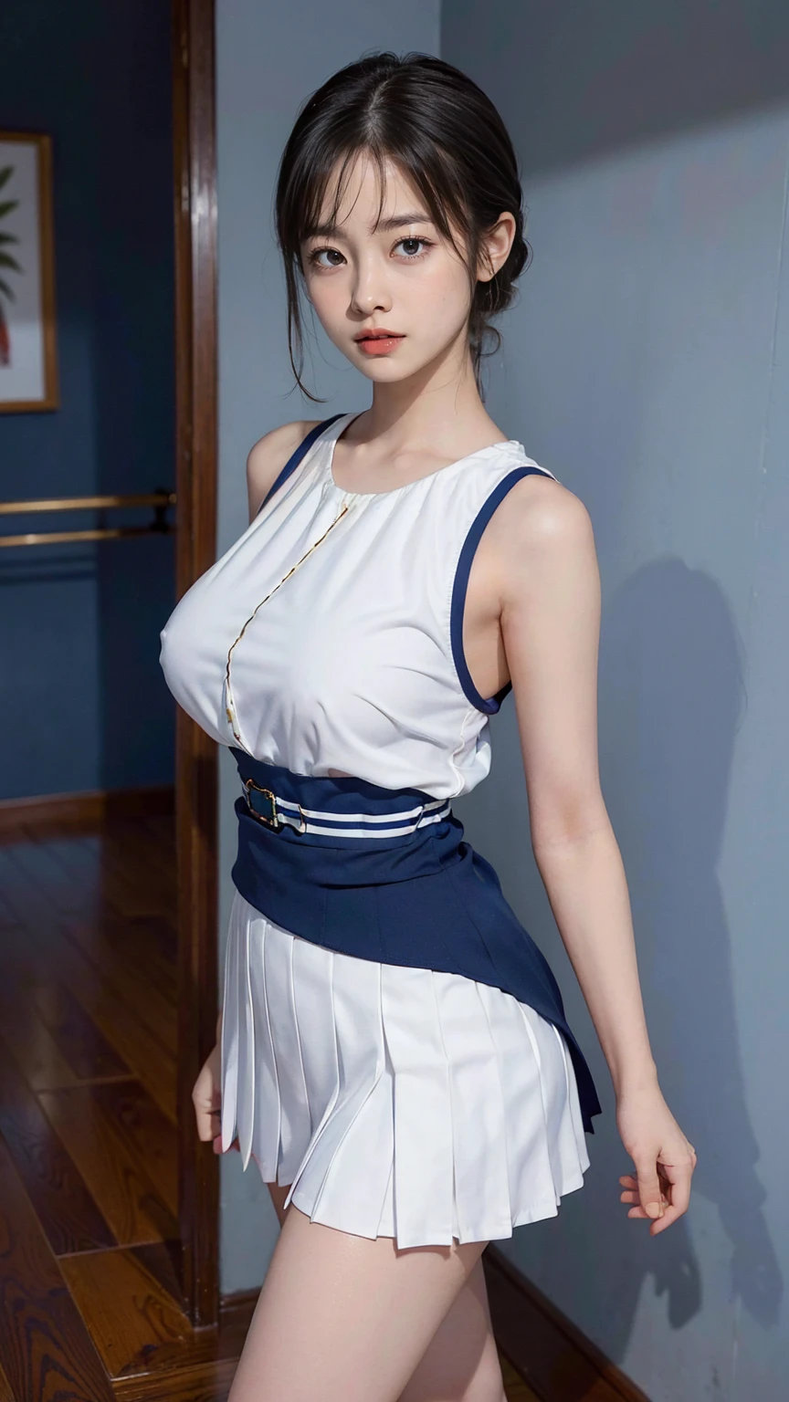 (hig彼st quality、8k、32k、masterpiece)、(Realistic)、(Realistic:1.2)、(High resolution)、Very detailed、Very beautiful face and eyes、1 girl、Delicate body、From Okinawa to the coast,(hig彼st quality、Attention to detail、Rich skin detail)、(hig彼st quality、8k、Oil paint:1.2)、Smile,Sex Appeal,shy,Very detailed、(Realistic、Realistic:1.37)、Bright colors、Full Body Shot, (high school girl:1.6, White blouse, long pleated skirt of dark blue color, tie), short hair, (((, slim, The body is slim, Large Breasts, Round and seductive ass,Walking closet)))