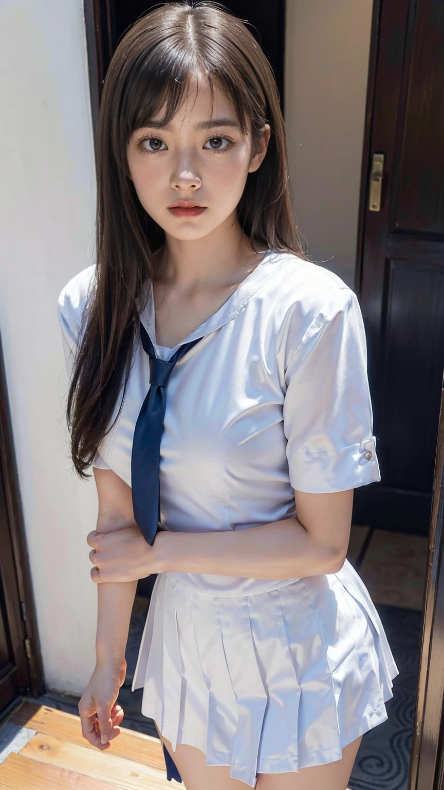 (hig彼st quality、8k、32k、masterpiece)、(Realistic)、(Realistic:1.2)、(High resolution)、Very detailed、Very beautiful face and eyes、1 girl、Delicate body、From Okinawa to the coast,(hig彼st quality、Attention to detail、Rich skin detail)、(hig彼st quality、8k、Oil paint:1.2)、Smile,Sex Appeal,shy,Very detailed、(Realistic、Realistic:1.37)、Bright colors、Full Body Shot, (high school girl:1.6, White blouse, long pleated skirt of dark blue color, tie), short hair, (((15-year-old girl, slim, The body is slim, Large Breasts, Round and seductive ass,Walking closet)))