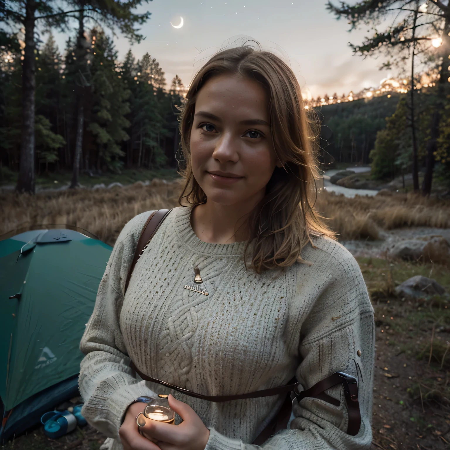 1 woman((upper body selfie, happy)), masterpiece, best quality, ultra-detailed, solo, outdoors, (night), under the rain, nature, (stars, moon) cheerful, happy, backpack, sleeping bag, camping stove, water bottle, mountain boots, gloves, sweater, light blond hair, flashlight, forest, rocks, river, wood, smoke, shadows, contrast, clear sky, analog style (look at viewer:1.2) (skin texture) (film grain:1.3), (warm hue, warm tone) :1.2), close up, cinematic light, sidelighting, ultra high res, best shadow, RAW, upper body, old man, wearing pullover
