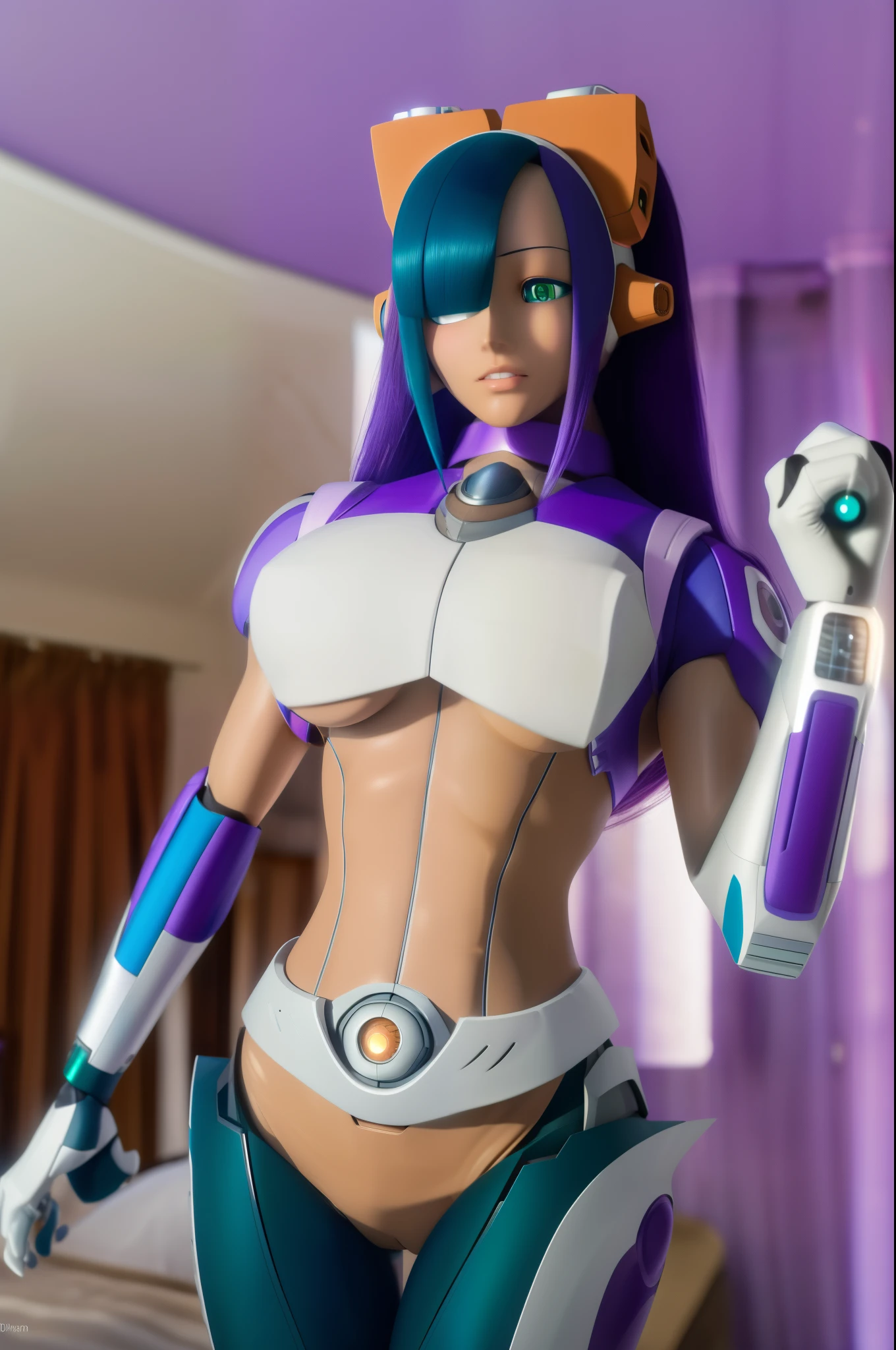 ultra detailed of a woman cyborg, 1girl, (natural skin texture, realistic eye details:1.2) layer_mega manx, alone, breasts, underboob, green eyes, purple hair, Android, long hair, bangs over eyes, robot ears, artwork, tan skin, high quality, hypnotized, spiral eyes, blank stare, in the bedroom, standing at attention