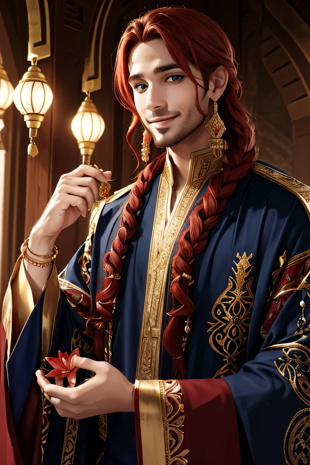 young man, Blue eyes, red wavy hair, rich Arabic clothing, lily flower in hand, gold earrings and beads, smile, dark