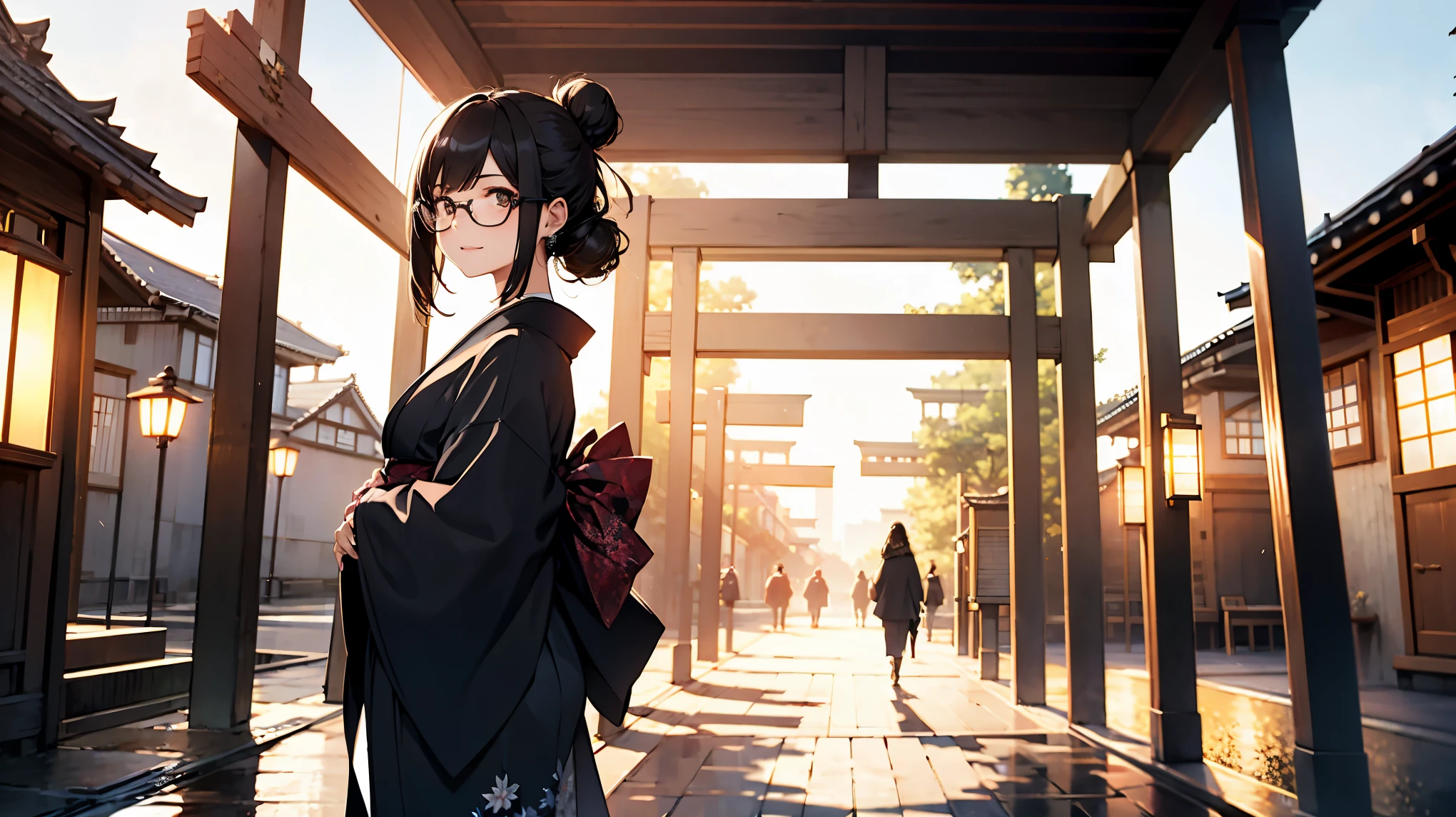 (1girl:1.3), Masterpiece, Best quality, amazing beauty, [[3D]], 4K, absurdres, finely detail, super detailed eye, perfect anatomy, official art, cinematic lighting, BREAK, hair bun, black hair, super shiny detailed black eye, Gazing into the Distance, close-mouth, light smile, BREAK , usually, tall, medium, pale skin, detailed skin, Are standing, full body, Side lighting, BREAK , , BREAK,(Glasses), Kimono, beautiful girl, bun hair, wearing glasses, Kyoto-like scenery, walking toward shrine, one person, looking back at us, black hair, composition from distance, kimono should be beautifully embroidered,
