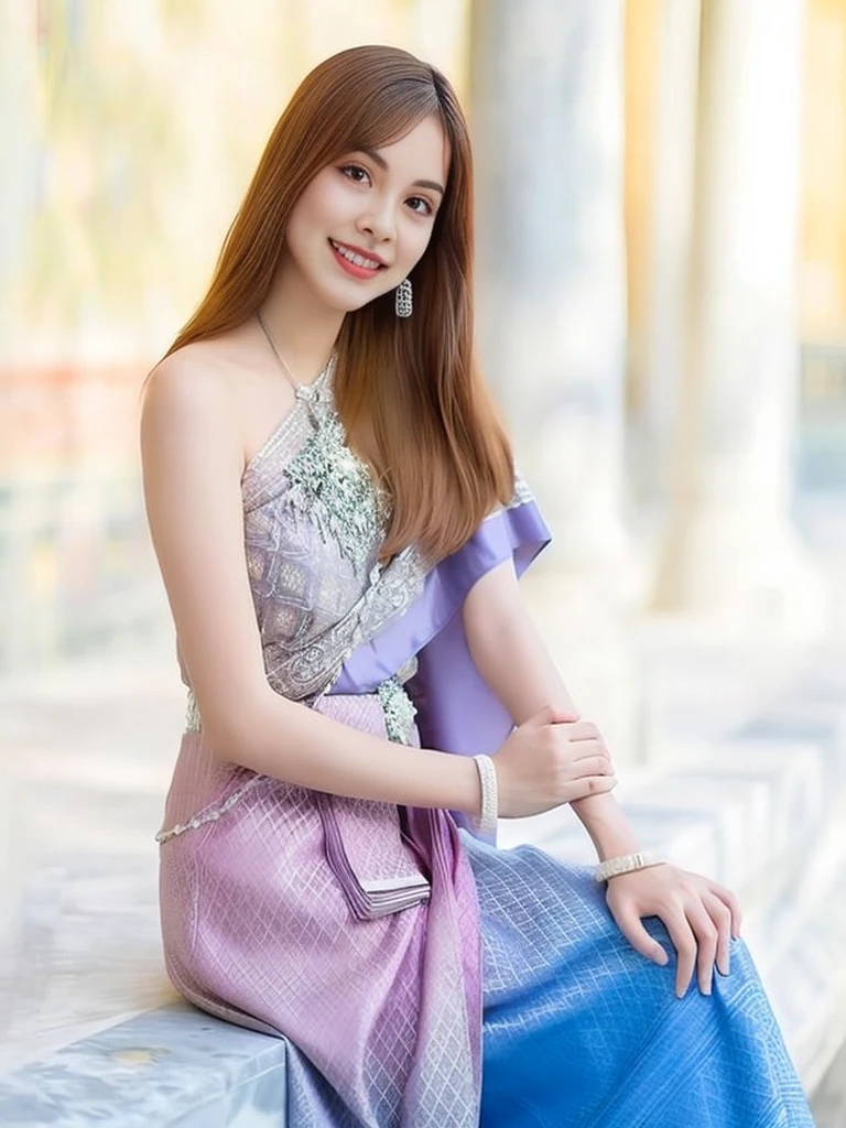 Close-up of a woman sitting on a bench wearing a dress., Sukhothai set, cute woman, Niwan Chandra, Thai anime girl, Dilraba Dilmurat, elegant pose, A graceful smile, In Lammanh style, traditional beauty, Beautiful and smiling, beautiful and elegant, A cute smile, beautiful female princess