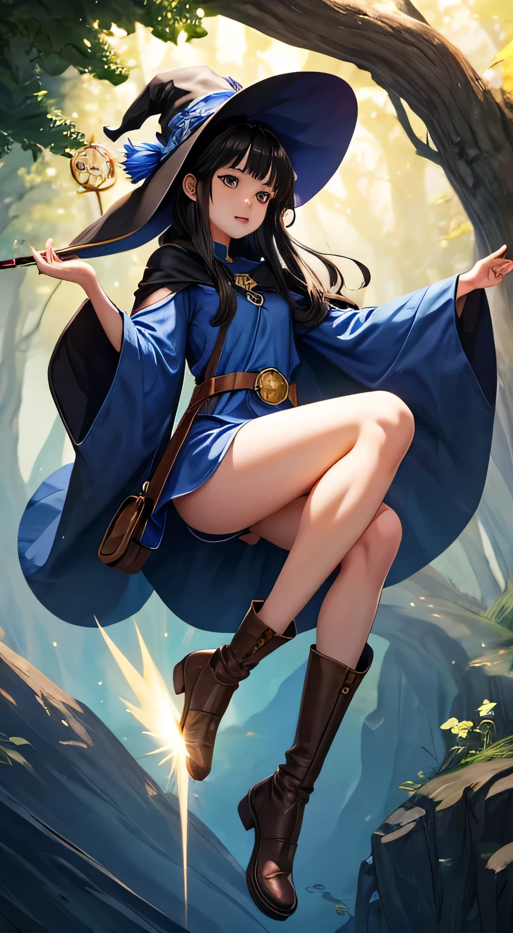 A beautiful witch in the style of Studio Ghibli, 1.55 tall, , with medium-length black hair, light brown eyes, fair skin, wearing a knee-length transparent blue dress, black stockings and dark brown boots, a black shin-length cloak, a light brown belt, a light brown handbag and a magic wand made of lizard choir. Iamge 8k