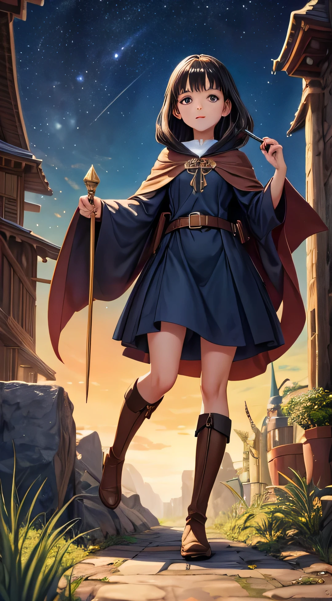 A beautiful witch in the style of Studio Ghibli, 1.55 tall, 16 years old, with medium-length black hair, light brown eyes, fair skin, wearing a knee-length transparent blue dress, black stockings and dark brown boots, a black shin-length cloak, a light brown belt, a light brown handbag and a magic wand made of lizard choir. Iamge 8k