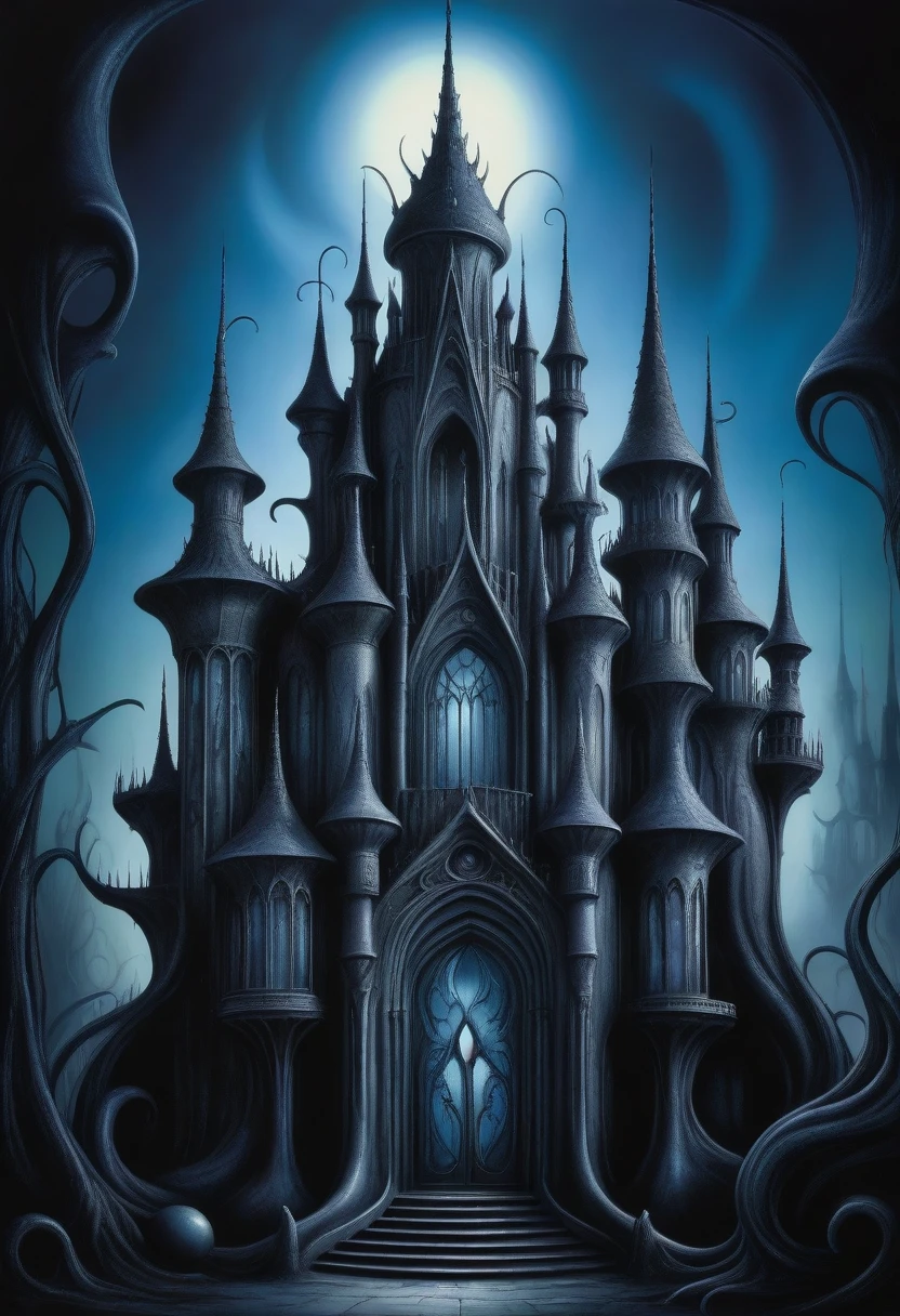 Ethereal "Dream Castle" with Tim Burton and H.R. Giger collaboration, gothic masterpiece, whimsical ornamentation, Burton's twisted forms, Giger's alien beauty, surrealism, organic biomechanical blend, vibrant glows, colorful shadows, mesmerizing.