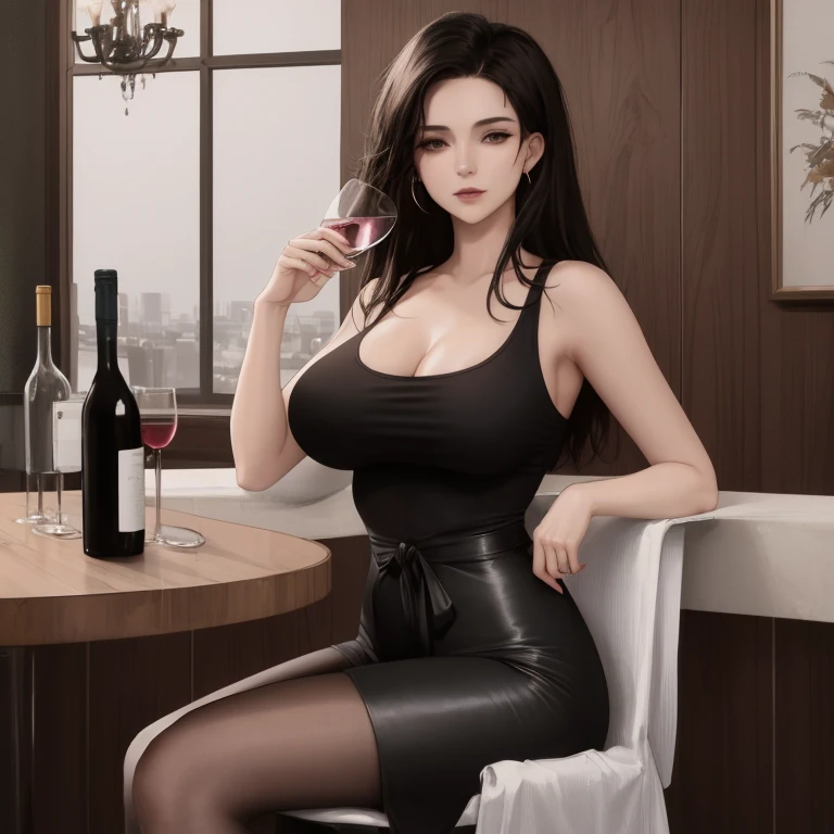 1 woman, sitting on a chair at a table, sexy curvy body, gorgeous, Dark dishevelled hair, languid and sad look, a little drunk, a bottle of wine on the table, holding a wine glass,  (big tits), (waist is flat), wears black leggings and a very low-cut, tight white T-shirt, masterpiece,4k, hir realism