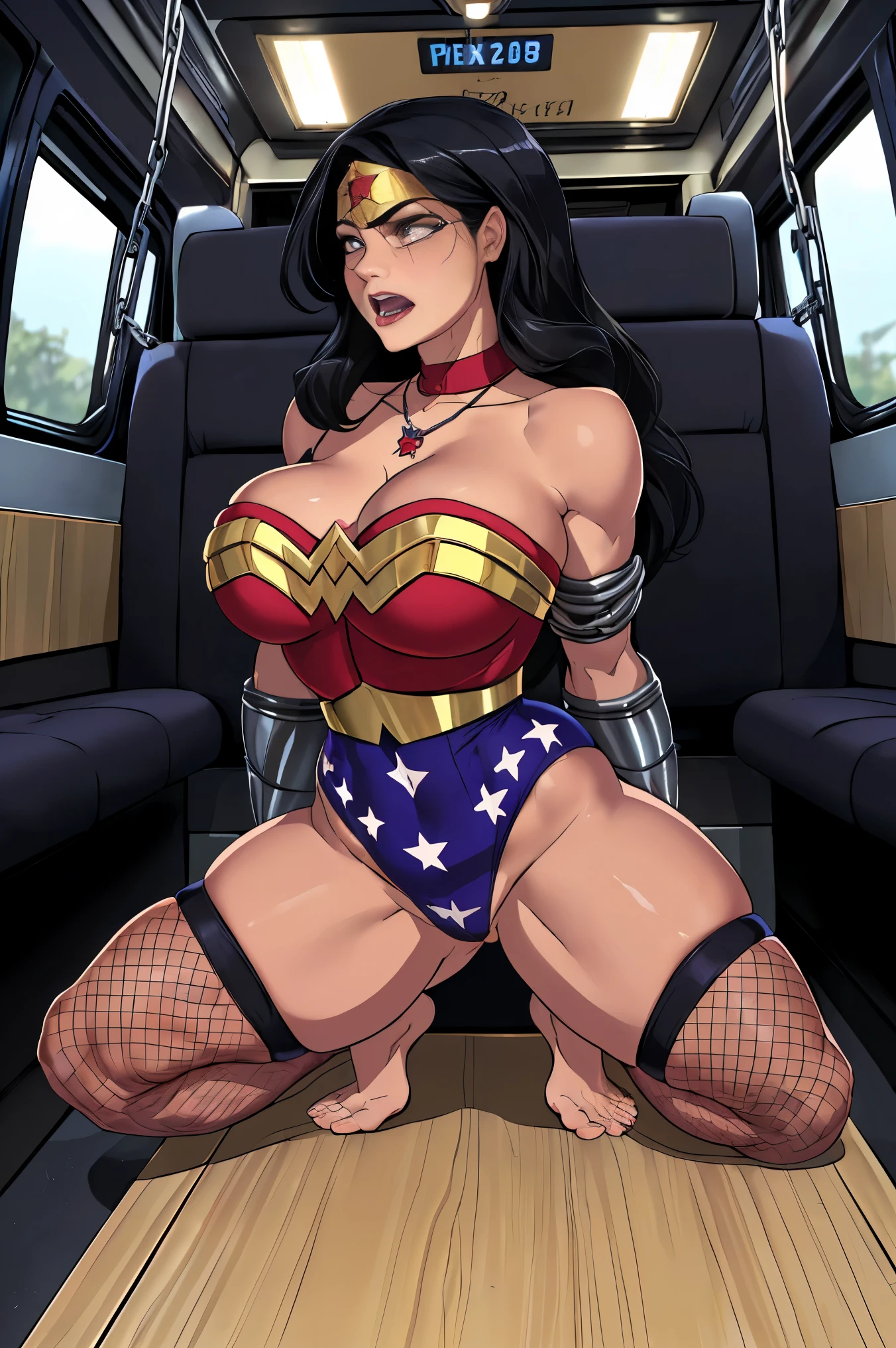 (((Full body view))), (((mulher maravilha,arrested, handcuffed on the state prison bus, drunk, drogada))) ,((SUPERHEROINE mulher maravilha IS A FILTHY OLD WHORE)), ((emotional expression,expression of pain and despair, gritando de dor, Expression of suffering, olhos arregalados)),(Wonder Woman is crouching, corpo curvado), (She's crying a loa tem cabelo preto, ela tem cabelo longo)), ((She wears a thick metal necklace around her neck.)), (Ela esta vestindo uma calcinha rendada, fishnet tights, She is barefoot), (obra-prima, melhor qualidade) 1.5, 1 garota, sozinho, (sensual, mulher bonita, rosto perfeito, olhos perfeitos), corpo inteiro. ((She is wearing starry lace panties)), tears running down your face)), ((Mulher Maravilha em cativeiro amarrado ,arms are tied behind the back, em seguida, using some fixation method, like a rope or chain that runs from the wrists to an attachment point above, their arms are raised behind them until the person is forced to bend forward)), (((emotional expression,expression of pain and despair, gritando de dor, Expression of suffering, olhos arregalados, expression of fear, corpo se contorcendo de dor))))