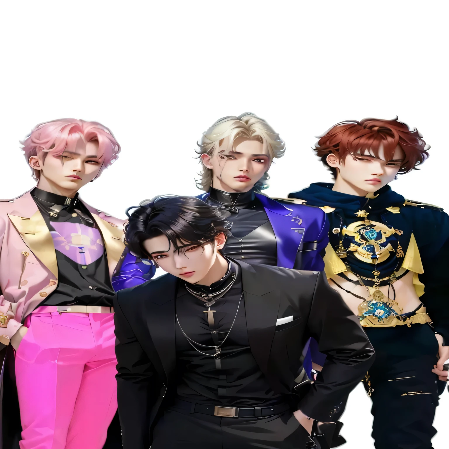 imagem arafada de um grupo de pessoas fantasiadas posando para uma foto, cai xukun, three futuristic princes, fanart oficial, sakimichan, fanart de alta qualidade, inspirado em Bian Shoumin, delicate androgynous prince, handsome androgynous prince, inspirado em Yanjun Cheng, generic kpop boy band, trends on cgstation, Linda pose de anime