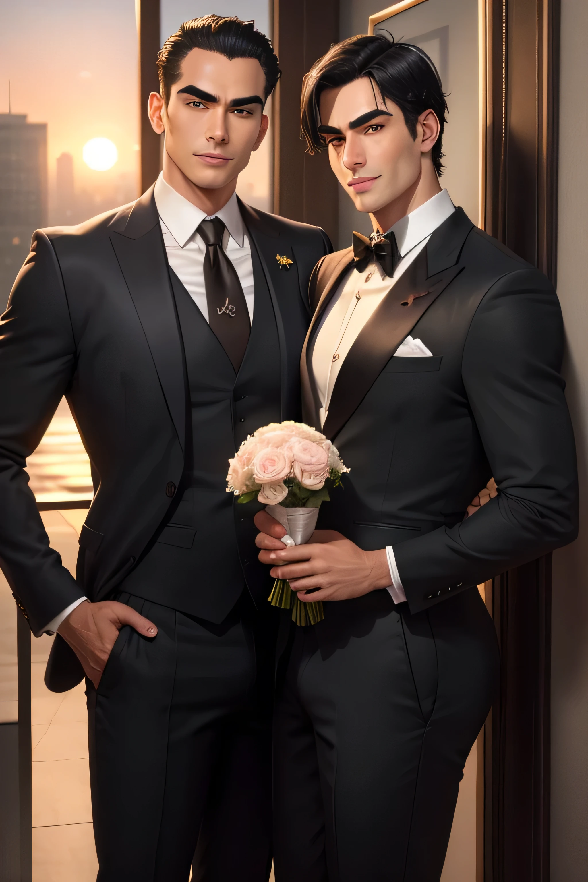 masterpiece, best quality, realistic, 2 man, male focus, mature, tall muscular, handsome, [thick eyebrows:0.5], smile, suit, portrait, extremely detailed face, (black hair), (very short hair:1.3, forehead), (suit:1.3), sunset sky, dusk, love each other, nobles, bride little small cute