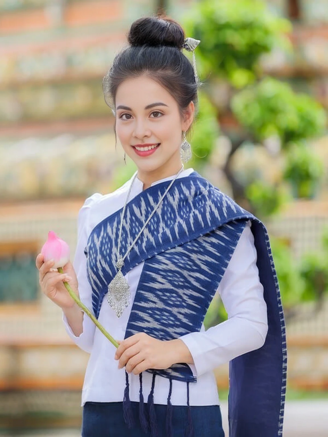 Woman in blue and white dress holds pink flower, Sukhothai set, In Lammanh style, traditional tai costume, traditional beauty, Niwan Chandra, Southeast Asia that has existed for a long time, traditional clothes, Vietnamese woman, very very beautiful, traditional dress, traditional, According to Thawan Duchanee&#39;s style, wearing authentic attire