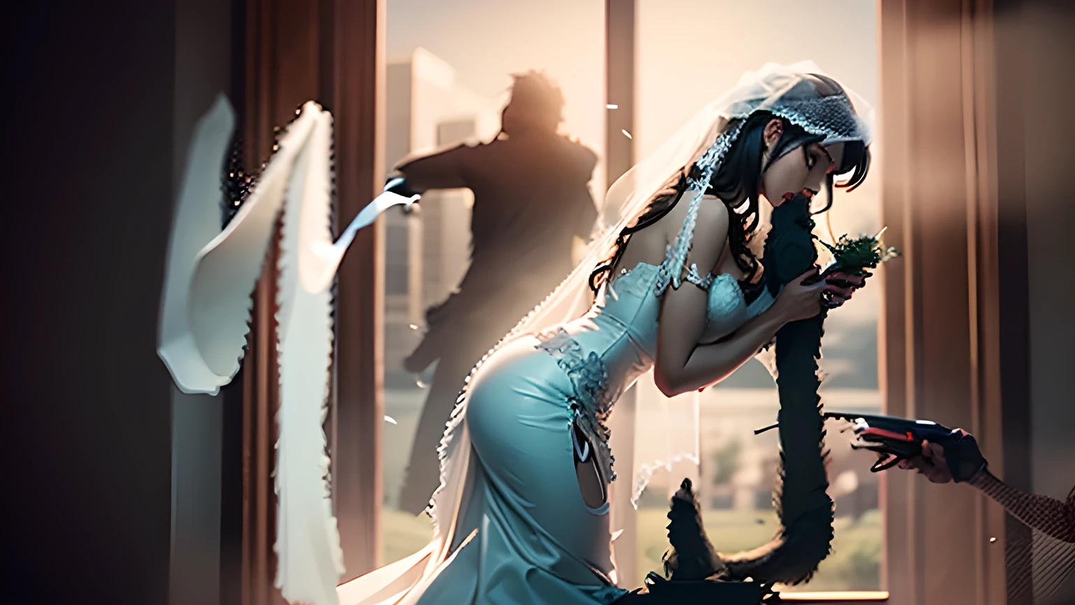 Bride's veil with detailed embroidery、blanche、Beautiful fece、Rose pattern、Embroidery with silver thread on a white background、pearls,Beautiful bride's veil and wedding dress on the wedding day,Beautiful fece,Background decorated with embroidery,Studio Lighting,photogenic,Photographed by a professional,masterpiece,photoRealstic,