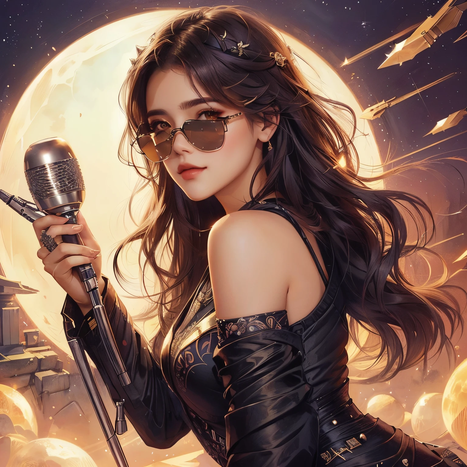 um close de uma mulher segurando um microfone na frente da lua cheia, in the Estilo Artgerm, no estilo de artgerm, artgerm extremamente detalhado, Estilo Artgerm, Estilo Artgerm, estilo de charlie bowater, in digital illustration style, Alena Aenami e Artgerm, in estilo de charlie bowater