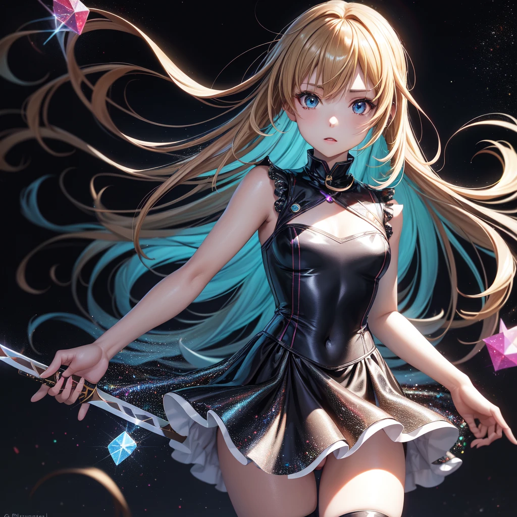 realista, 1 chica, asuna ,anime sword art online ,Holographic hair, heterochromic eyes, Ojos brillantes, holographic dress top, short holographic skirt, labios partidos, rubor, noche, rosas blancas, pasteles, Brillantina, standing position with her miniskirt raised showing her buttocks to the camera