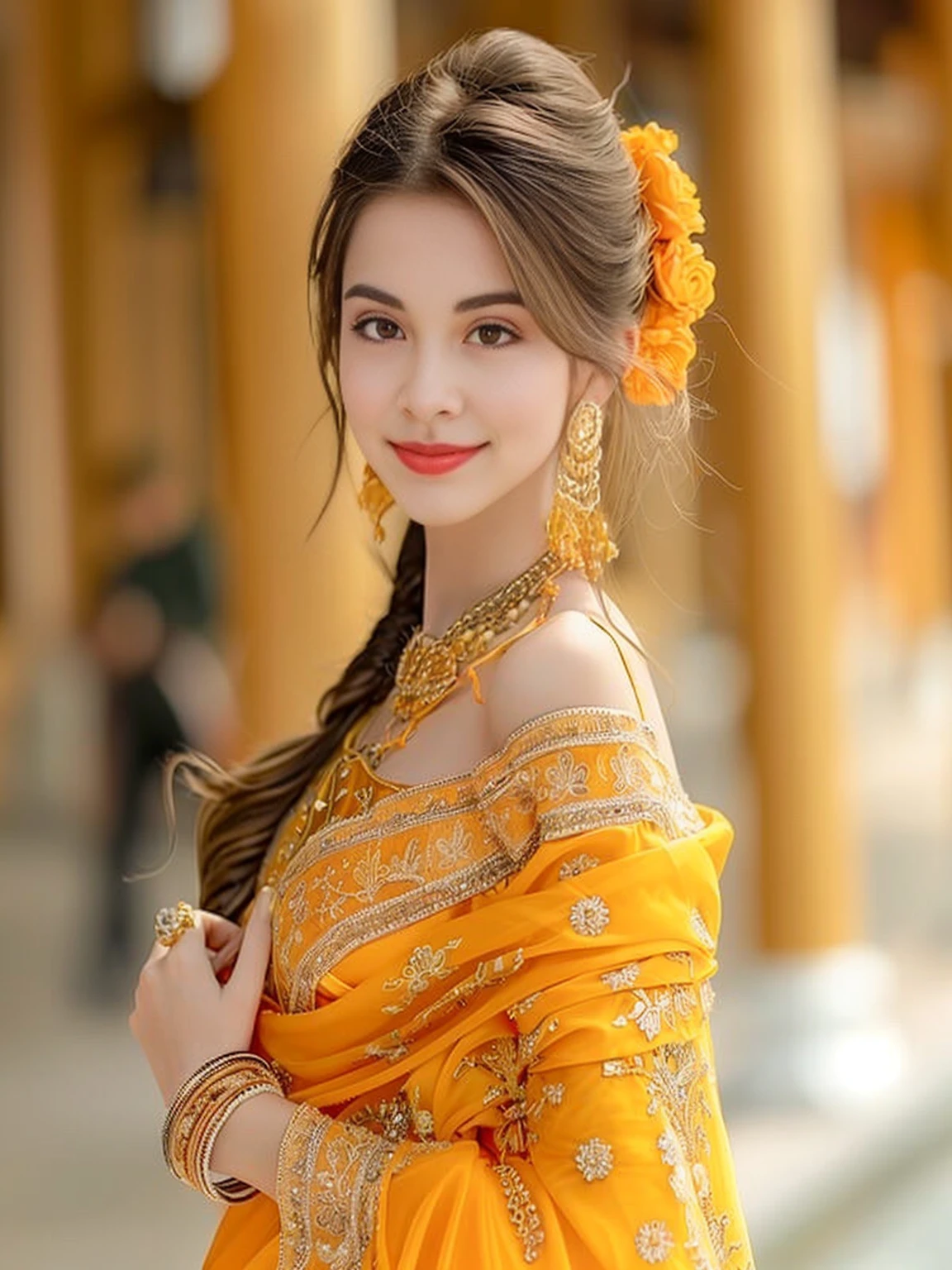 Close-up of a woman in a yellow dress and with flowers in her hair, traditional beauty, Beautiful Yellow Woman, attractive woman, very beautiful woman, beautiful young woman, indian, The model is very beautiful., very beautiful woman, beautiful female model, gorgeous woman, beautiful model, Beautiful and cute, very very beautiful, beautiful model girl, cute woman, indian style