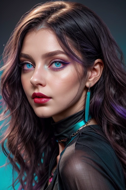 beautiful young girl with wavy purple hair, waist-high body view, black necklace around the neck, ((light bright turquoise eyes)), Artgerm, Стэнли Artgerm Лау, a digital painting of an, digital art, (black V-neck top), ((blue shirt)), ((((I look at the viewer)))), ((pale red lips)), (pale skin), Heavy black makeup, black eyeliner and eye shadow, high volume hair, (cute face), photo realistic, masterpiece, 1 girl, Best quality, portrait, 8K, Hyper-realistic lighting,